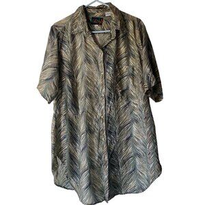 Gunn Hawaiian silk blouse green feathers button down short sleeve top men L